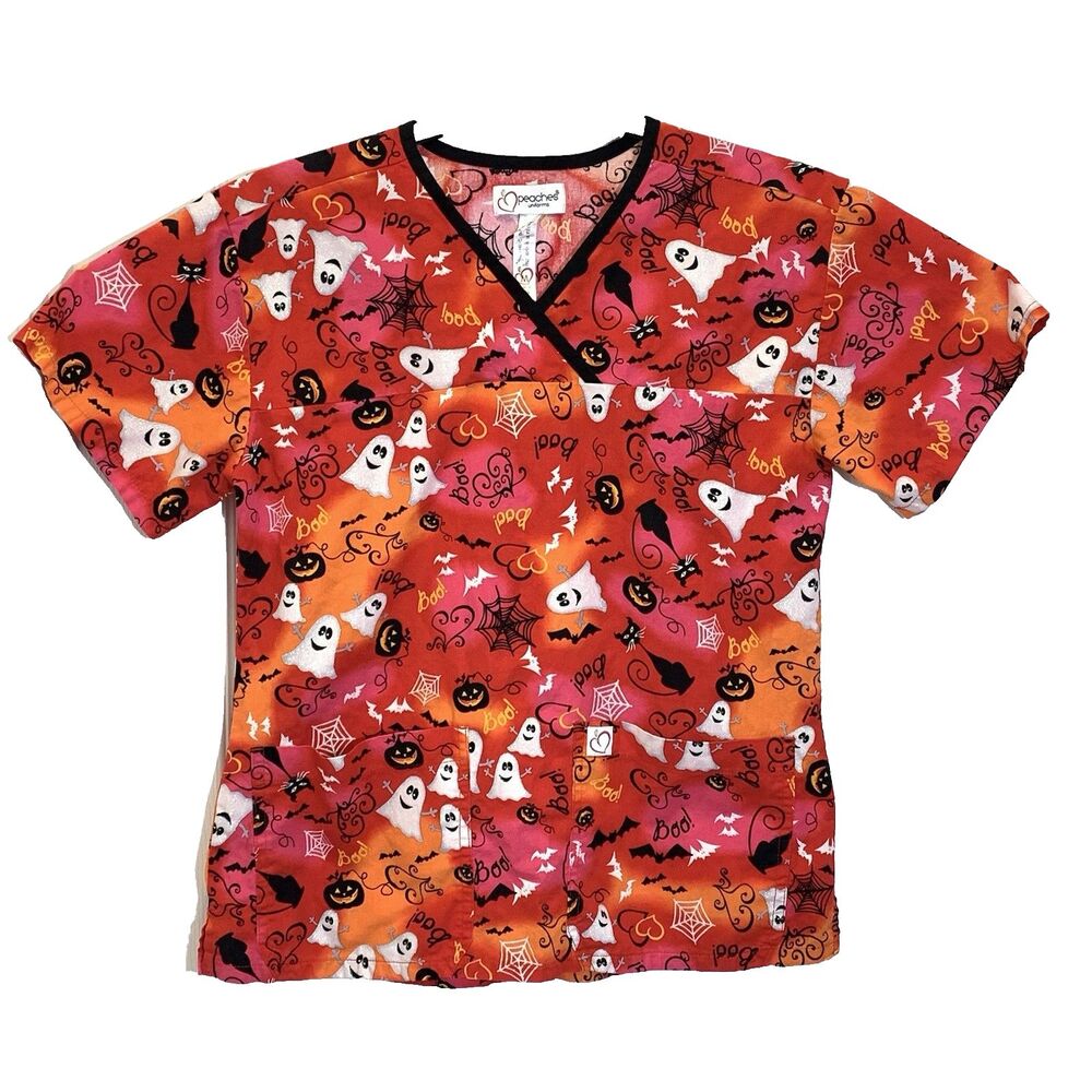 Peaches Scrub Top Womens Medium Orange Halloween Theme Short Sleeve V-Neck